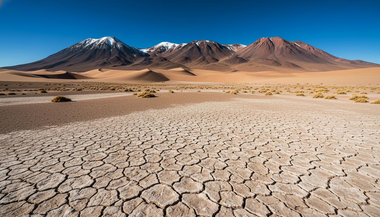 Засушливый пейзаж пустыни Атакама: потрескавшаяся соленая почва, песчаные дюны и вулканические горы на горизонте.