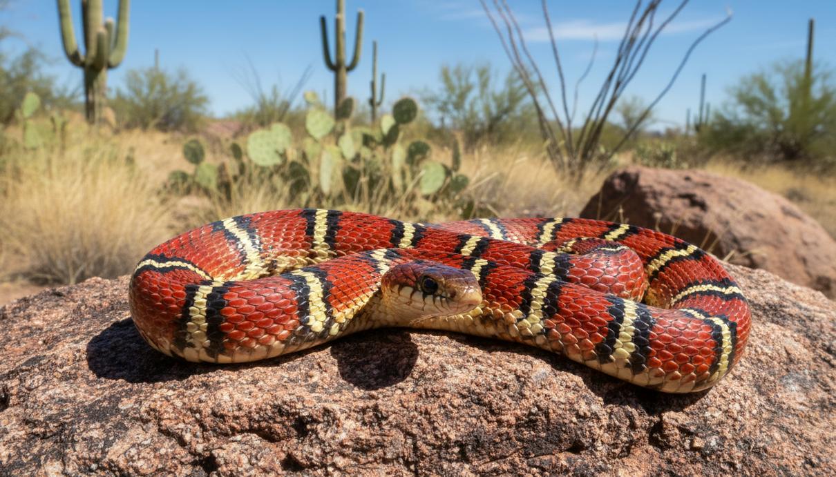 Аризонская горная королевская змея с яркими красными, черными и желтыми кольцами лежит на камне в пустынной горной местности.