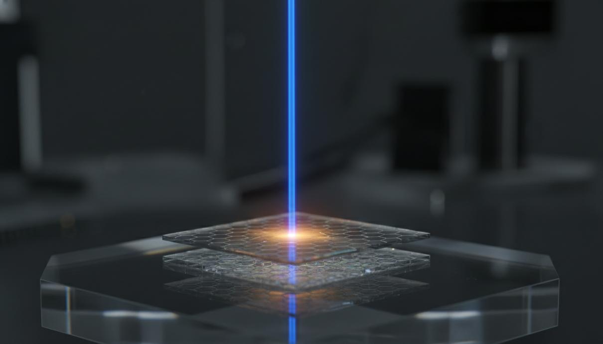 Микроскопический двухслойный кристалл на подложке, на который направлен сфокусированный лазерный луч.