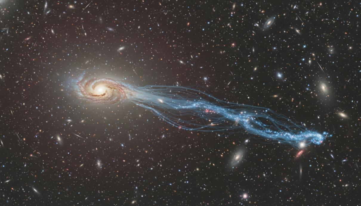 Галактика-медуза в глубоком космосе с длинными хвостами из газа, в которых рождаются новые голубые звезды.