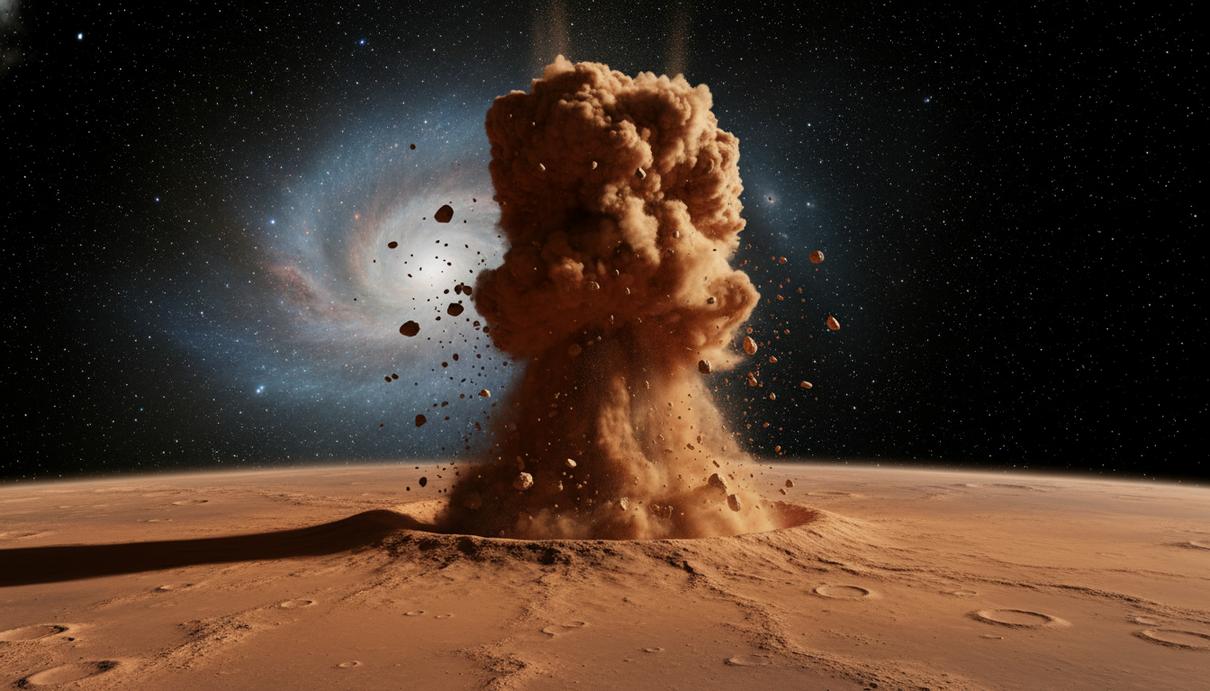 Мощный удар астероида о красную поверхность Марса. Огромный столб пыли и обломков поднимается из кратера в черное звездное небо.