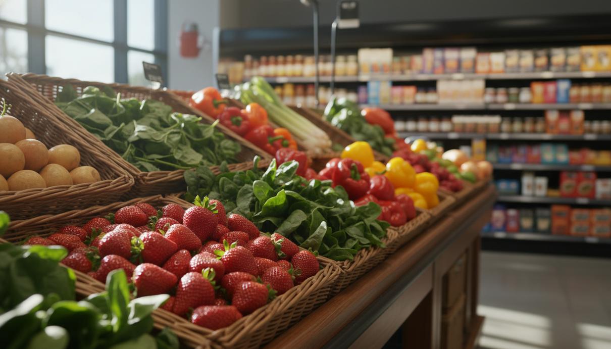 Яркий прилавок со свежими овощами и фруктами в супермаркете. На переднем плане клубника, шпинат и болгарский перец.