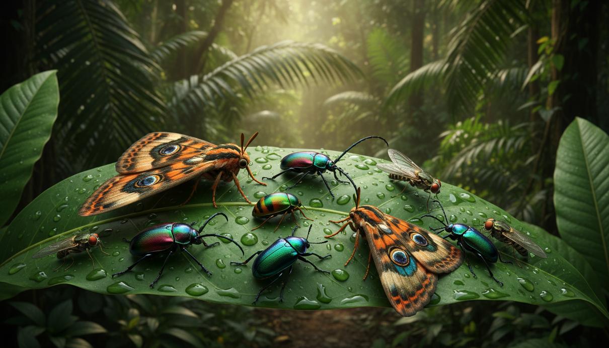 Разнообразные тропические насекомые – жуки, бабочки, мухи – на большом зеленом листе на фоне влажного тропического леса.