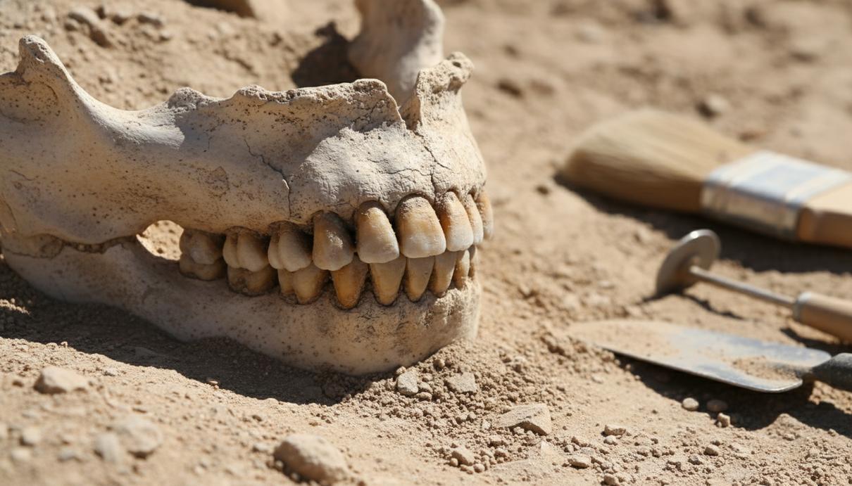 Древняя человеческая челюсть с зубами в земле на месте археологических раскопок, рядом лежат инструменты археолога.