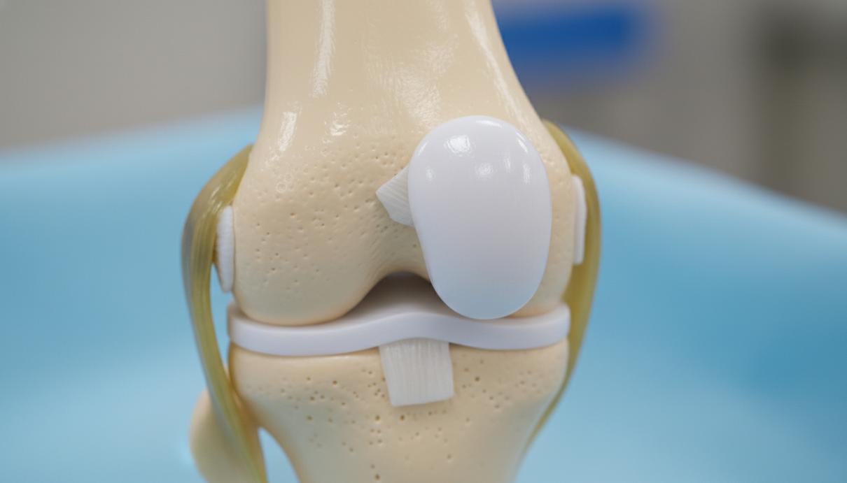 Анатомическая модель коленного сустава человека с гладким и здоровым суставным хрящом при ярком студийном освещении.