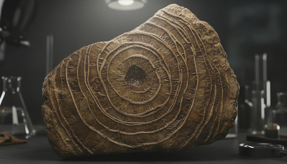 Поперечный срез окаменелой бедренной кости тираннозавра, на котором отчетливо видны концентрические годичные кольца роста.