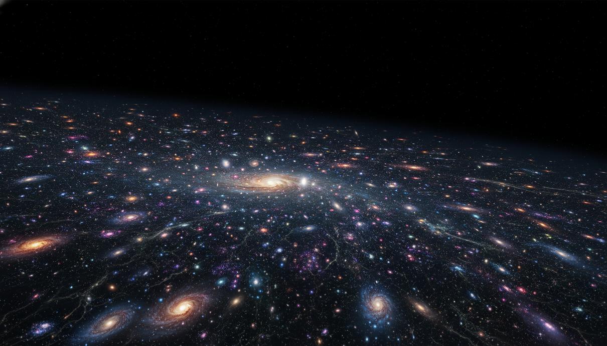 Космический пейзаж: плоский лист из галактик и туманностей, с двумя крупными спиральными галактиками в центре. Над и под этим скоплением материи – темные пустые области космоса.
