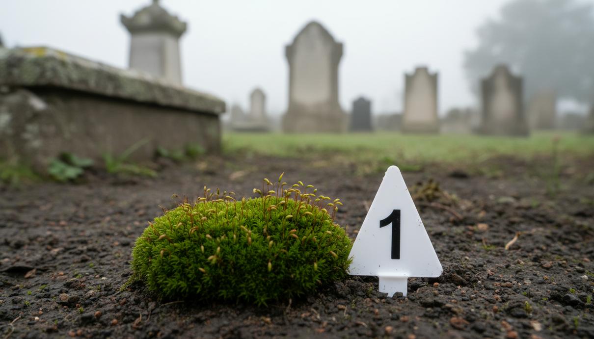 Клочок зеленого мха и криминалистический маркер на раскопанной земле на фоне старинных надгробий на кладбище.