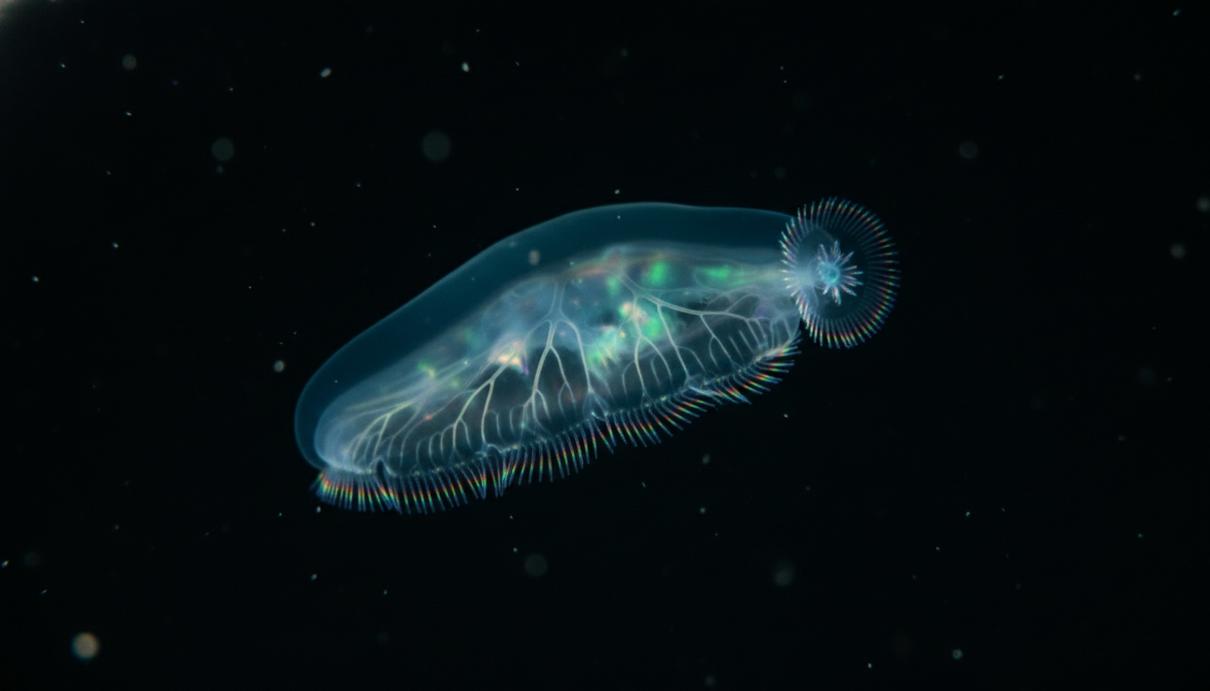 Полупрозрачный гребневик Мнемиопсис светится в темной океанской воде, а его ряды ресничек создают эффект радужного перелива.