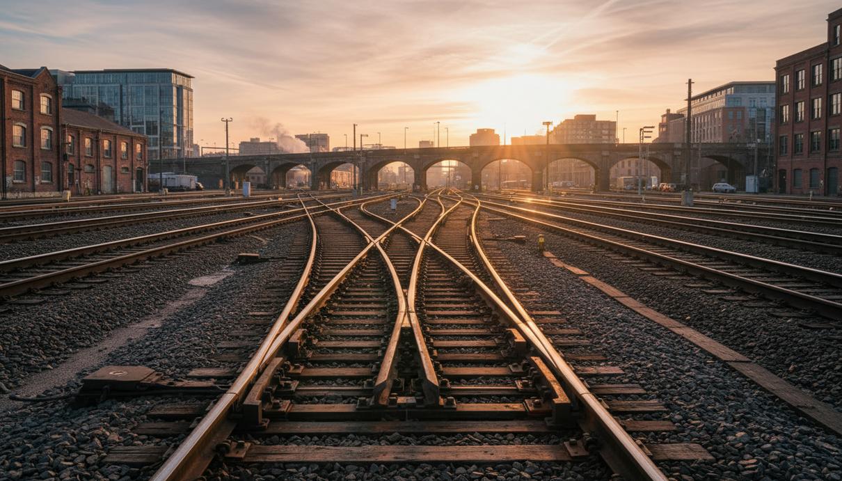 Сложное переплетение железнодорожных путей и стрелок на рассвете, металлические рельсы отражают утренний свет.