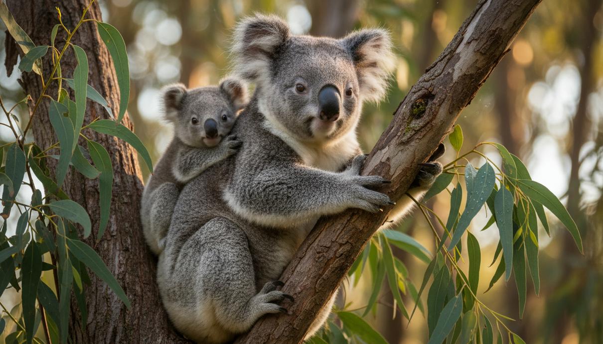 Самка коалы с детенышем на спине сидит на ветке эвкалиптового дерева в австралийском лесу.