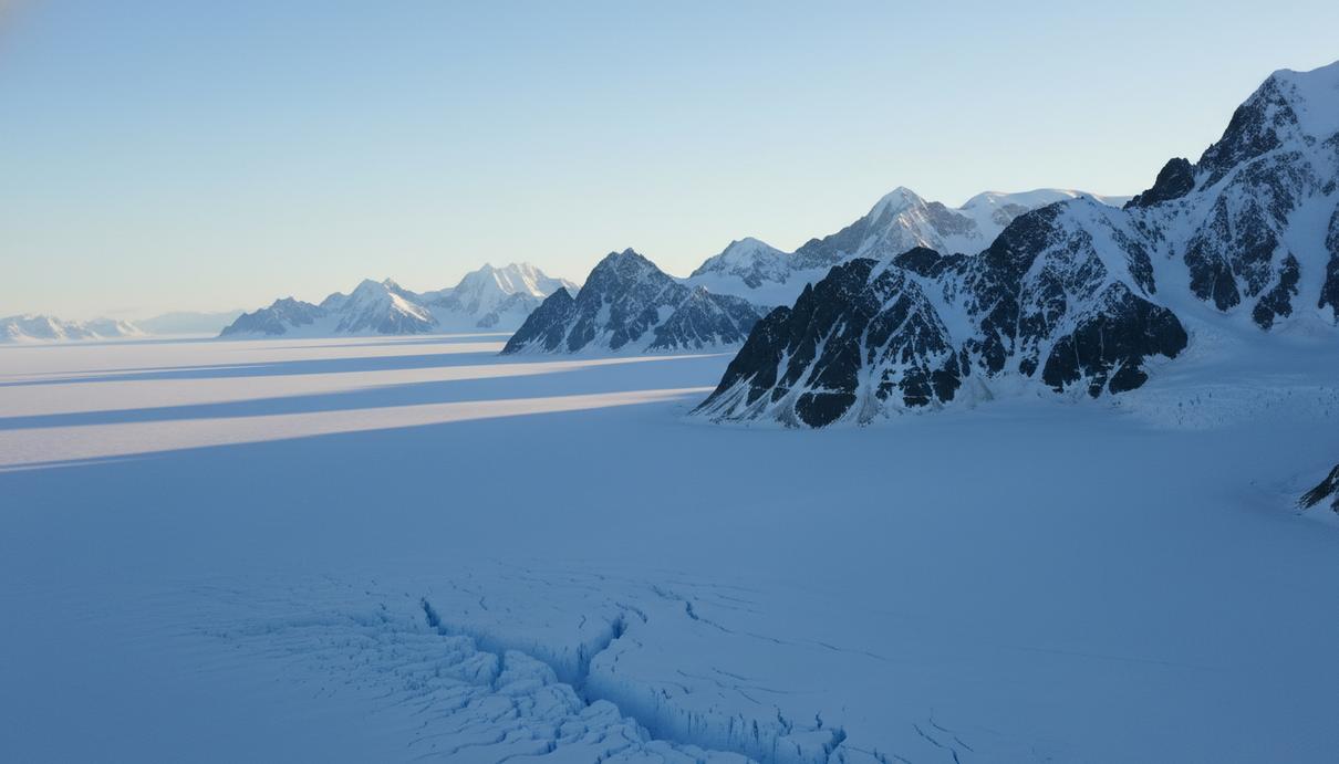 Бескрайний ледяной покров Антарктиды, из которого на горизонте виднеются заснеженные горные вершины под ясным небом.