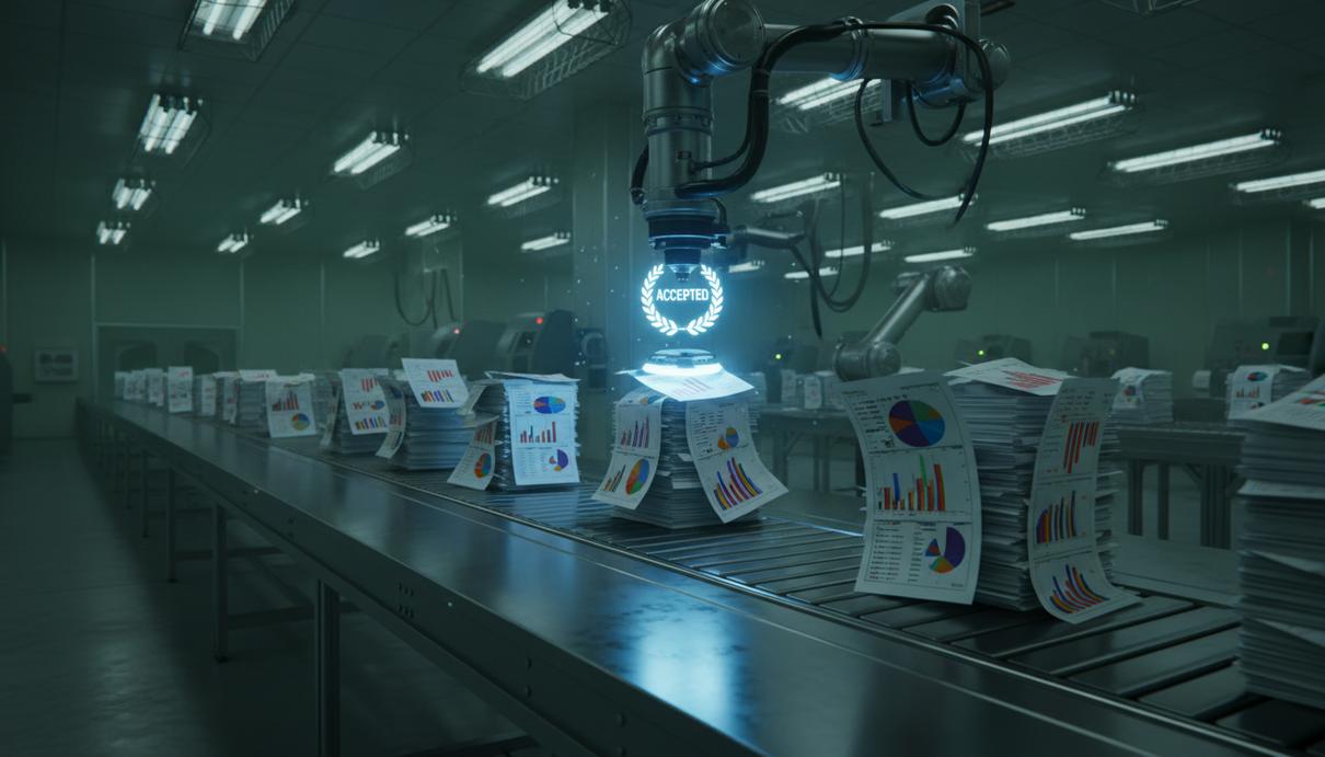 Конвейерная лента в стерильном помещении, по которой движутся стопки научных статей с графиками и диаграммами.