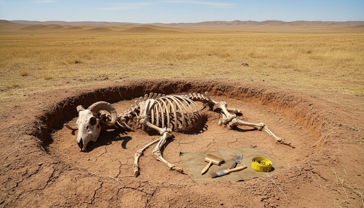 Частично раскопанный скелет древней овцы на археологическом объекте в степи, рядом лежат научные инструменты.