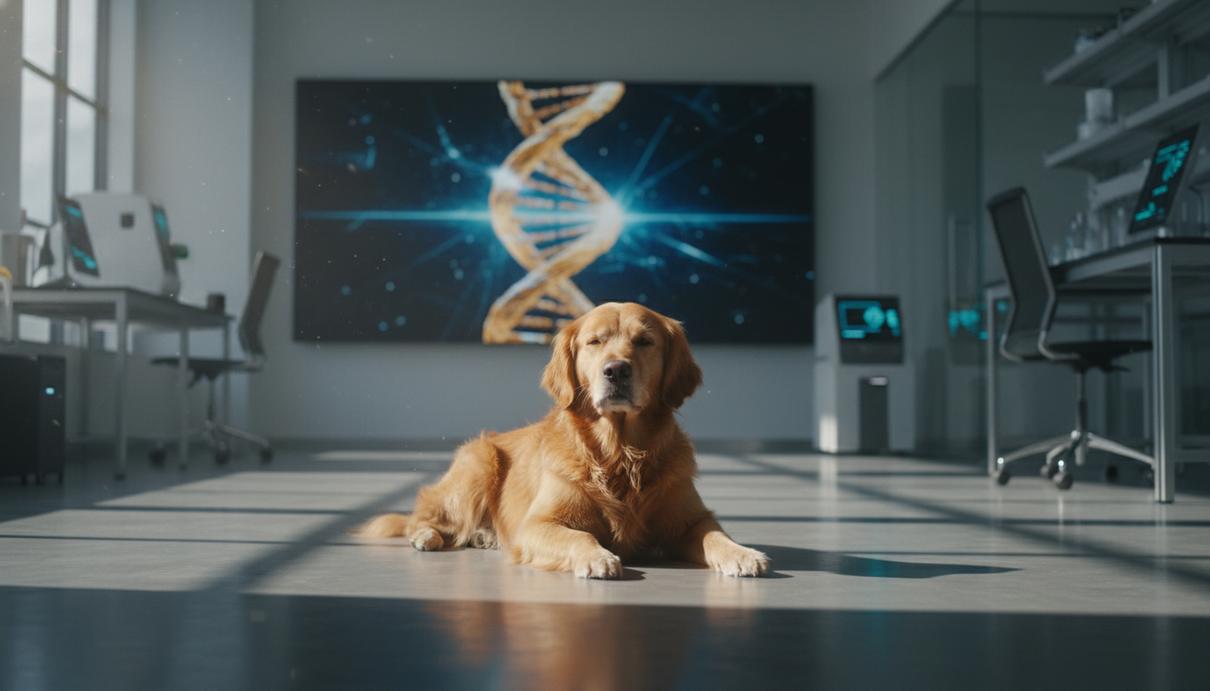 Золотистый ретривер спокойно лежит на полу в современной научной лаборатории на фоне изображения спирали ДНК.