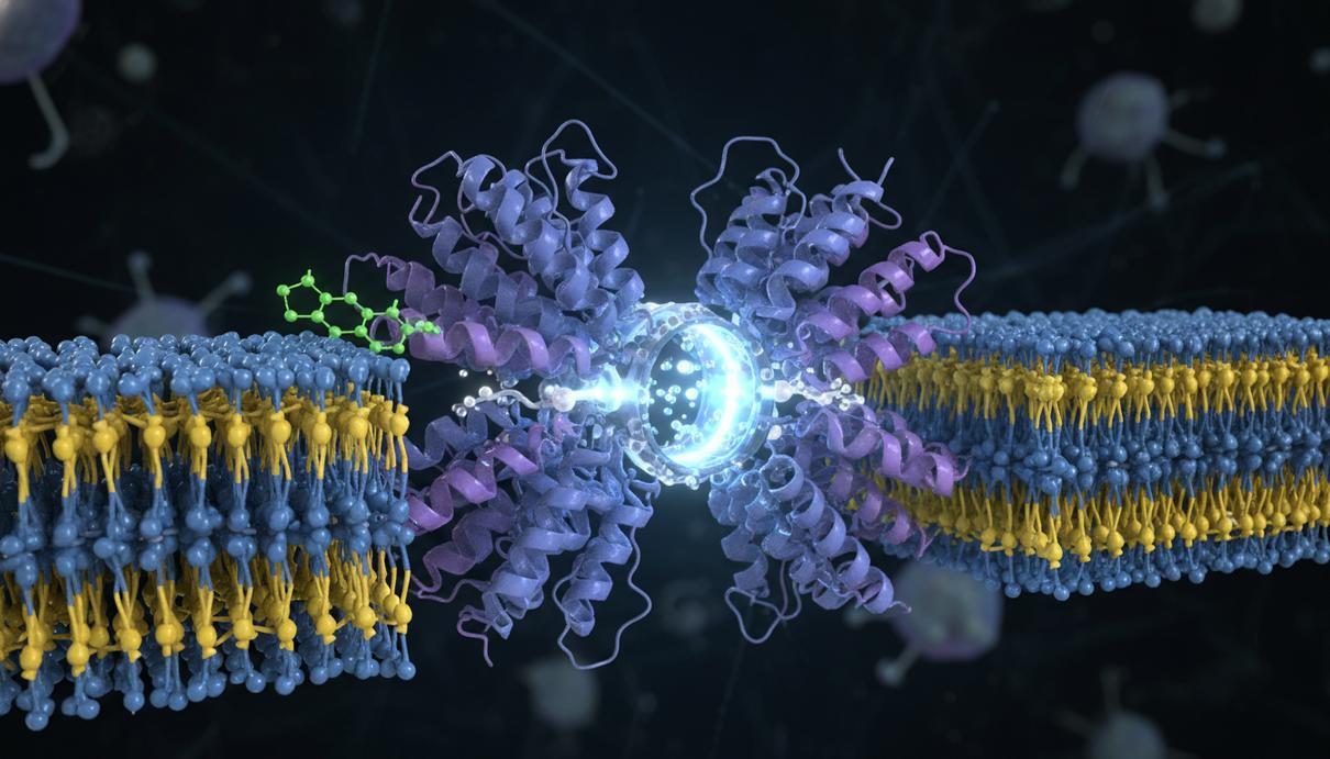 Трехмерная модель белкового канала TRPM8, встроенного в клеточную мембрану, в момент открытия под действием молекулы.