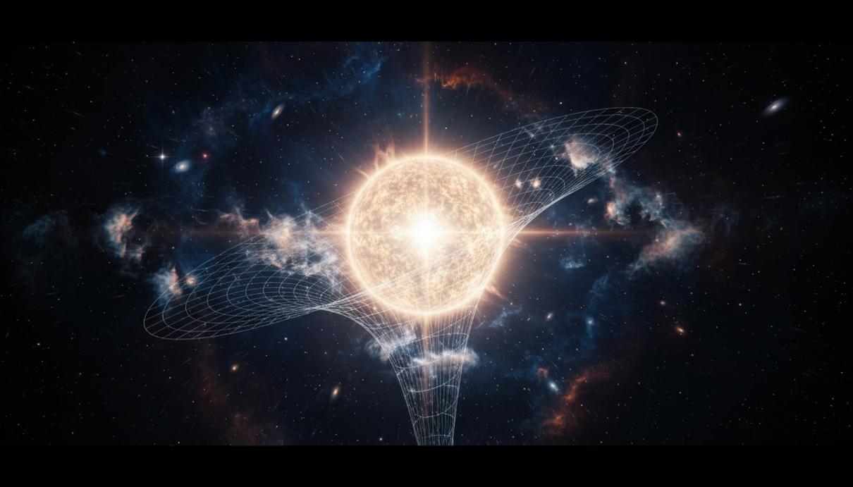 Звезда, похожая на Солнце, искривляет светящуюся сетку пространства-времени в открытом космосе, создавая гравитационное поле.