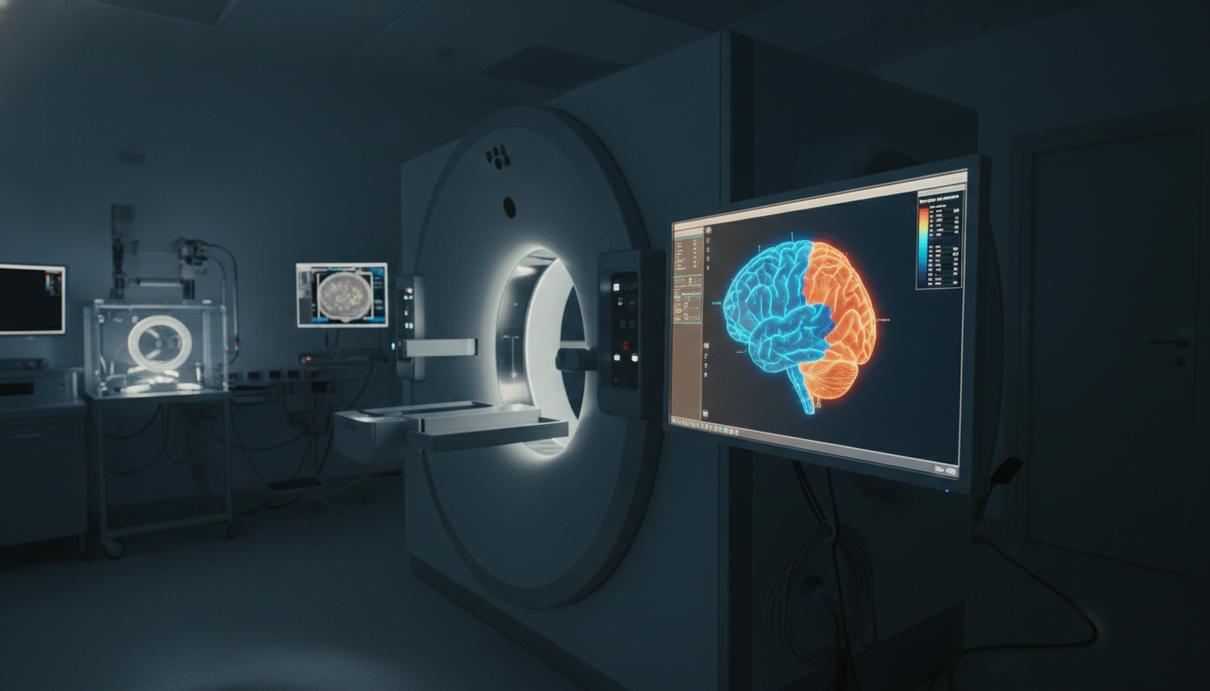 Современный аппарат ПЭТ-сканера в лаборатории. Рядом на мониторе – трехмерное изображение человеческого мозга с цветными зонами.