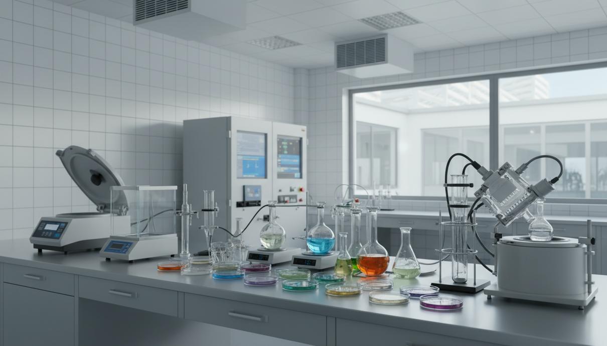 Лабораторный стол с химическими колбами, чашками Петри и исследовательским оборудованием.