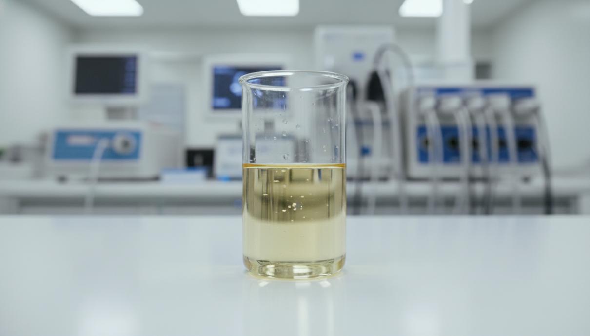 Стеклянная лабораторная емкость с образцом прозрачной желтой жидкости на светлом столе.