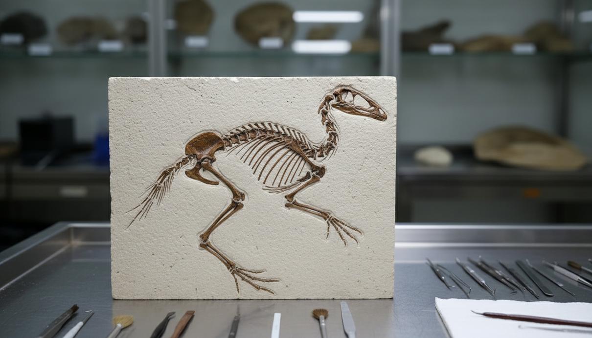 Окаменелый скелет маленького динозавра в блоке горной породы на лабораторном столе.