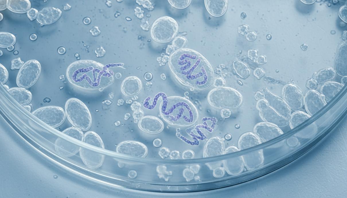 Микроскопический вид дрожжевых клеток и структур ДНК в лабораторной чашке Петри.