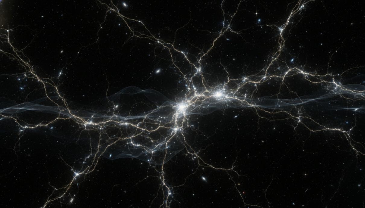 Визуализация крупномасштабной структуры вселенной с нитями галактик и глубокими темными пустотами между ними