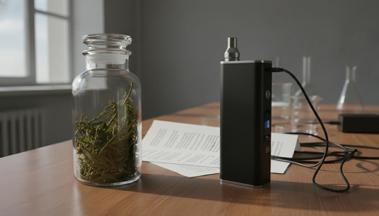 Стеклянная банка с сушеными растениями, электронный прибор и листы бумаги с напечатанными словами на столе