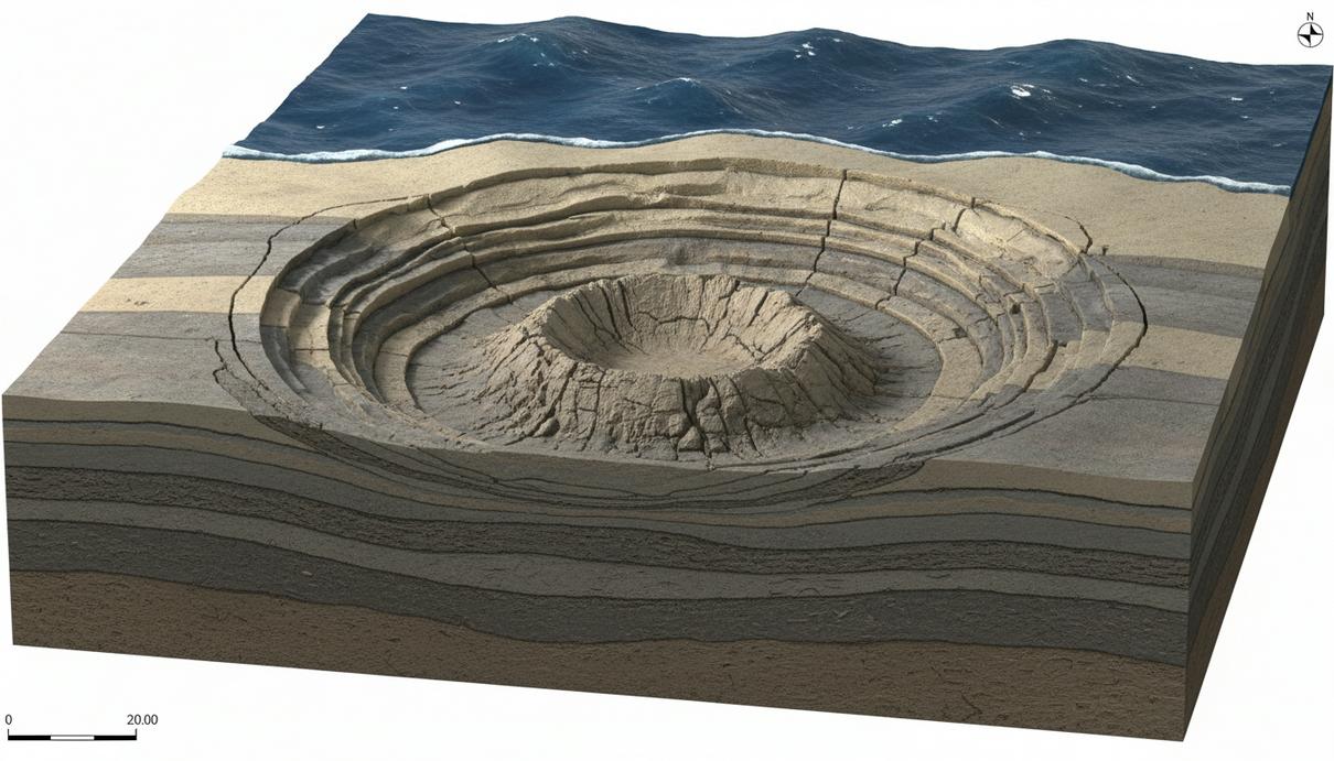 Поперечный срез морского дна с древним ударным кратером и кольцевыми разломами под слоем осадков.