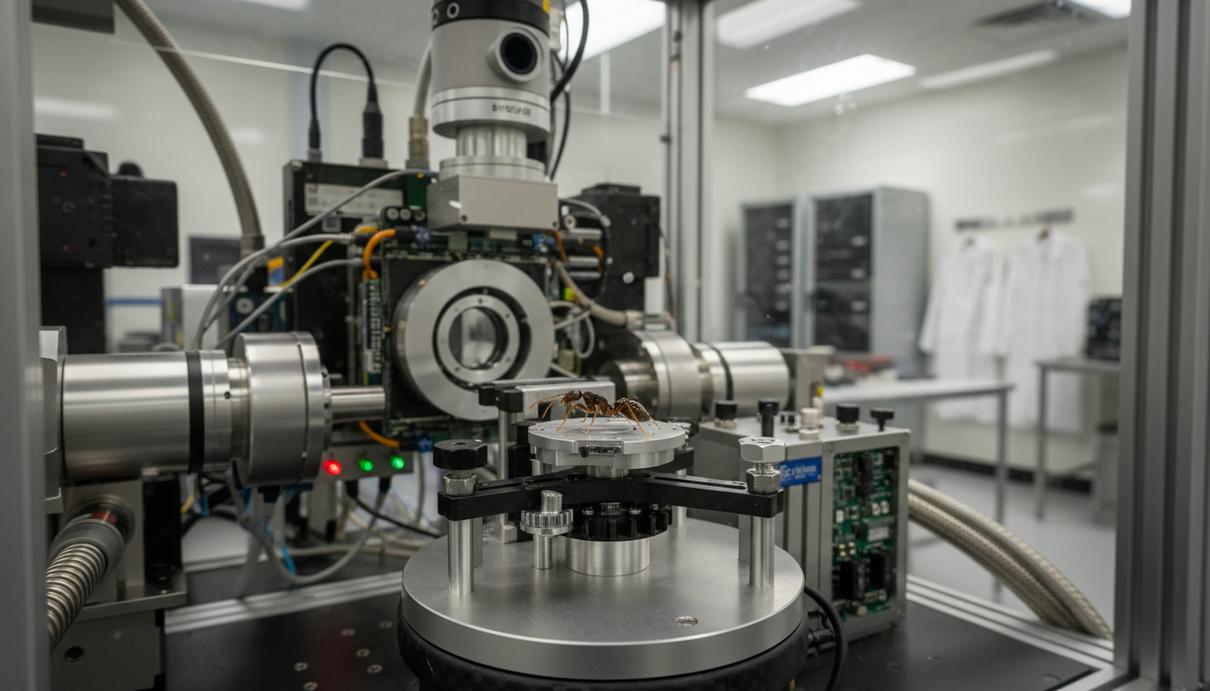 Роботизированная установка для микротомографии с закрепленным образцом муравья в лаборатории