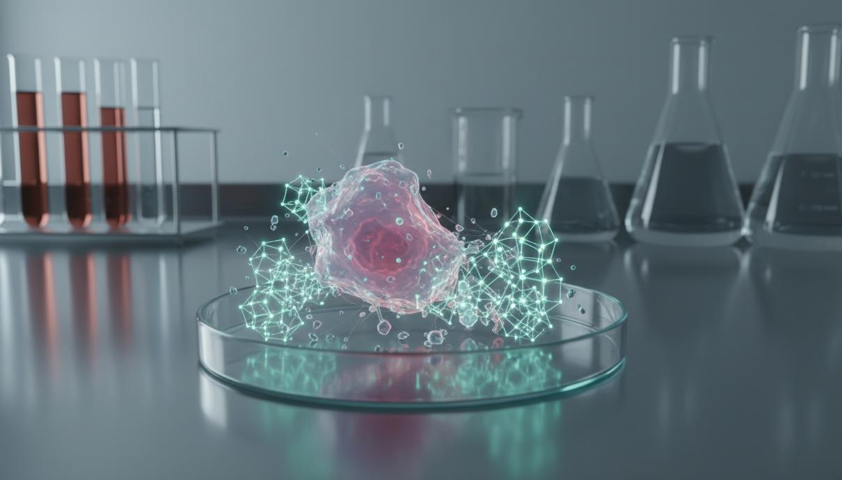 Микроскопическое изображение раковых клеток и воздействующих на них молекул в лабораторной среде.