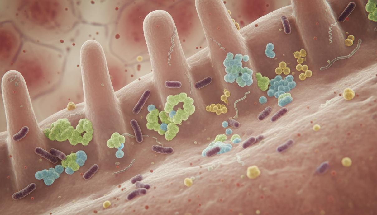 Микроскопическое изображение ворсинок кишечника с колониями различных бактерий в биологической среде