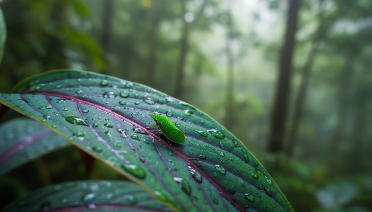 Зеленая цикадка с крупными глазами сидит на влажном тропическом листе в лесу Уганды.