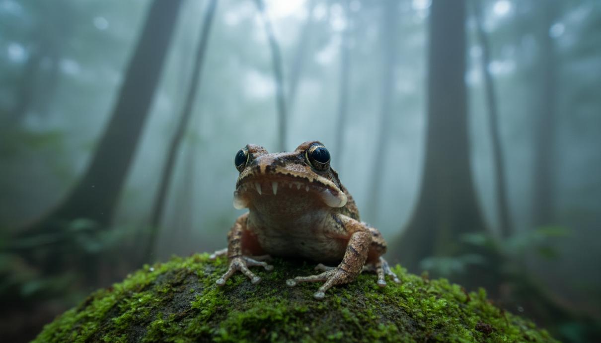 Маленькая коричневая клыкастая лягушка на влажном камне среди мхов в тропическом лесу.