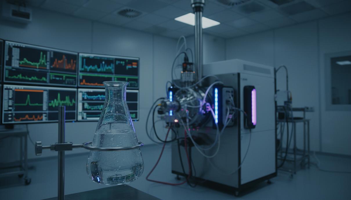 Лабораторный масс-спектрометр и компьютерные мониторы с графиками метаболических процессов на столе.