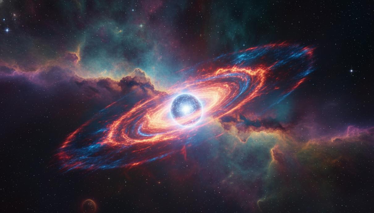 Яркая нейтронная звезда, окруженная светящимся газовым диском на фоне космического пространства.