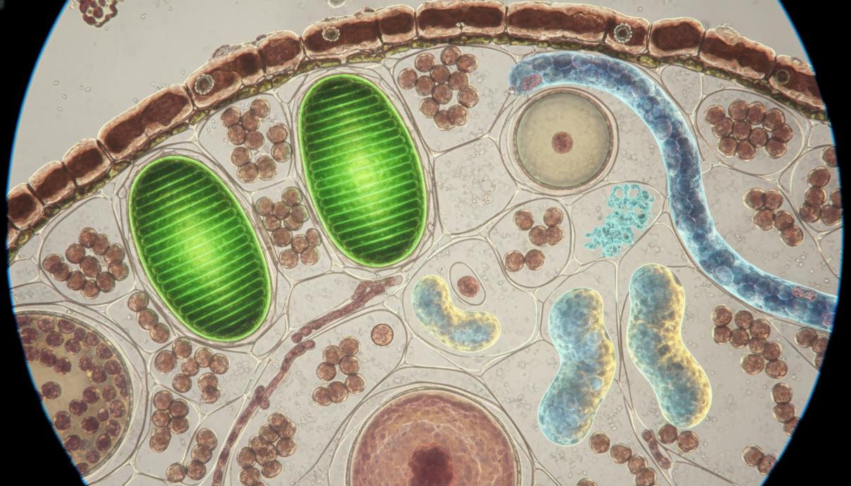 Микроскопическое изображение органелл внутри растительной клетки с хлоропластами и митохондриями.