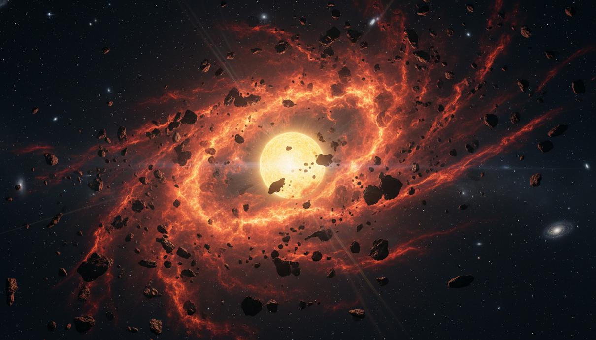 Облако раскаленных обломков и космической пыли на фоне яркой желтой звезды