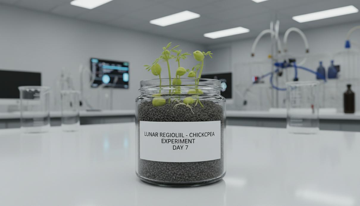 Зеленые ростки нута в контейнере с серым лунным грунтом в научной лаборатории.