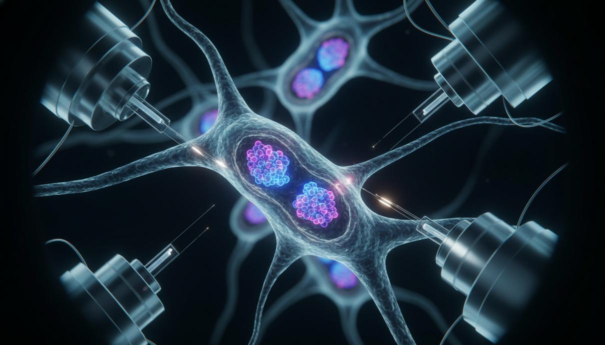 Микроскопическое изображение митохондрий в клетке со светящимися молекулами АТФ на темном фоне.