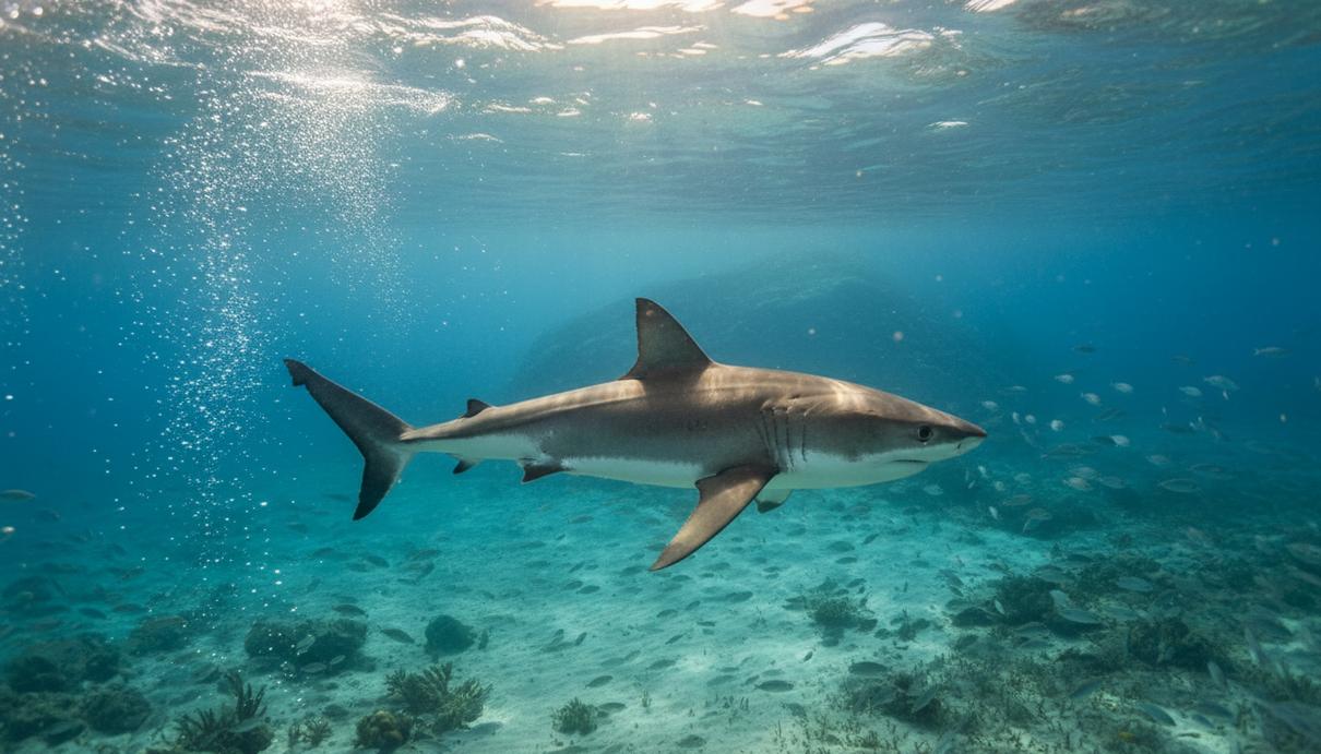 Молодая белая акула проплывает в толще воды на фоне проникающих сквозь поверхность лучей солнца