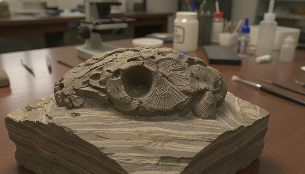 Окаменелый череп древней рыбы в куске светлого известняка на подставке в музейной витрине