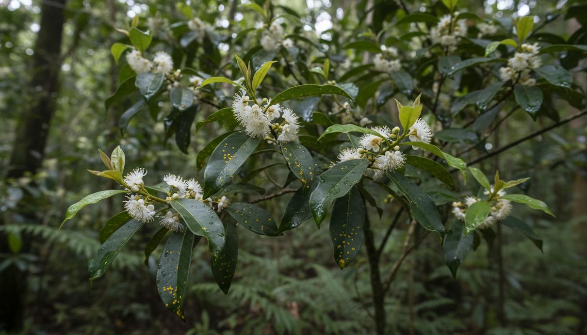 Ветвь дерева с темно-зелеными листьями и мелкими белыми цветами в тропическом лесу.