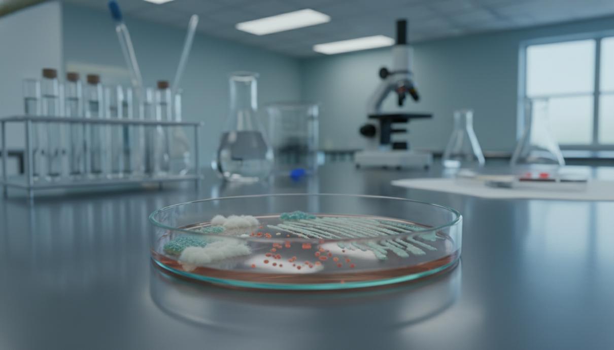 Стеклянная чашка Петри с бактериальными культурами в научной лаборатории на лабораторном столе.