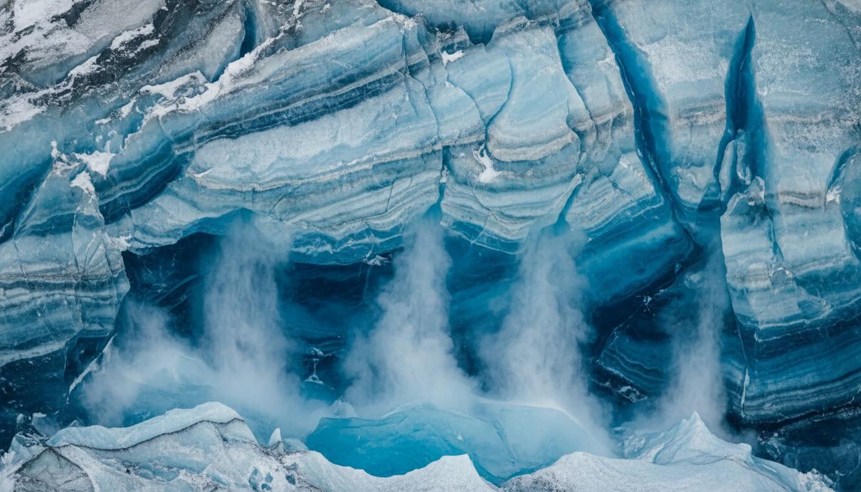 Поперечный разрез ледника с голубыми слоями и волнообразными структурами в глубоких слоях льда