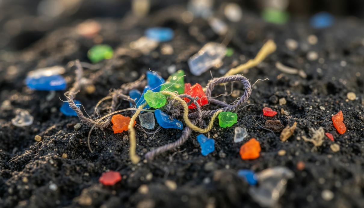 Микроскопические фрагменты пластика и синтетические волокна на темной текстурированной поверхности.