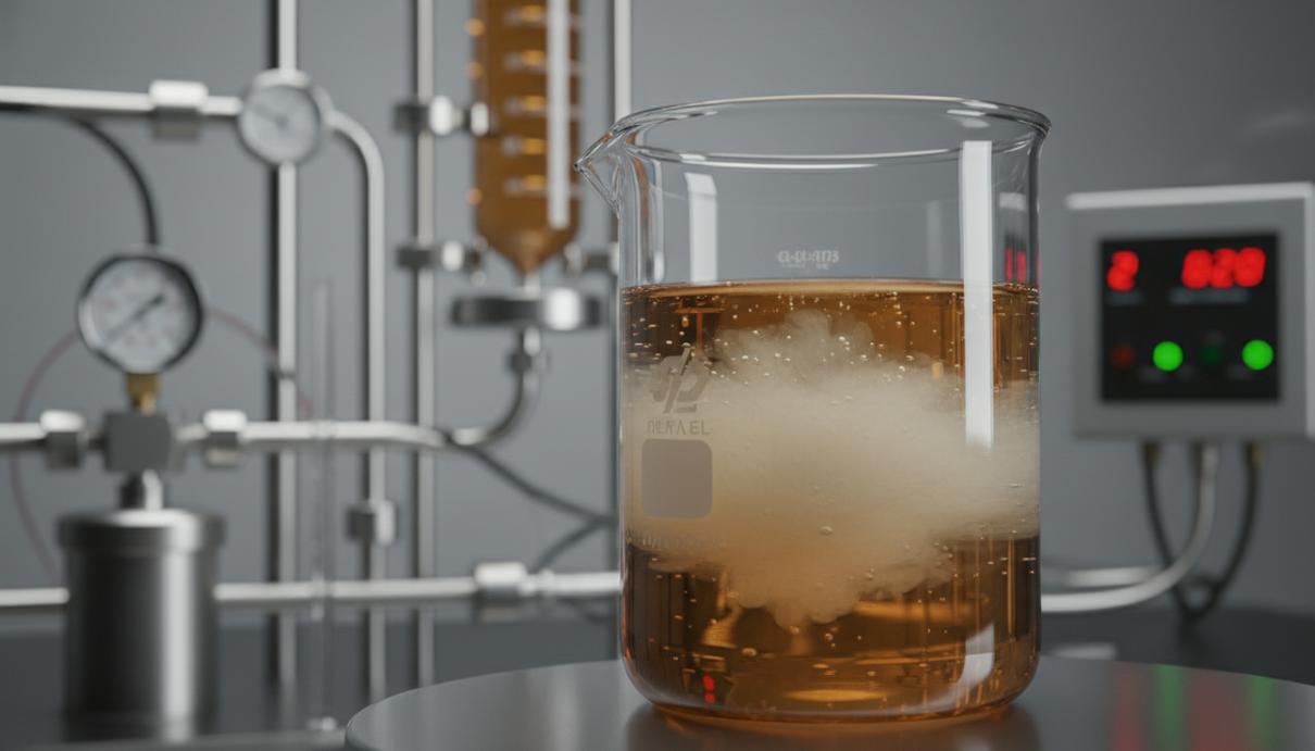 Прозрачный лабораторный стакан с вододизельной эмульсией на фоне стальных трубок и оборудования.