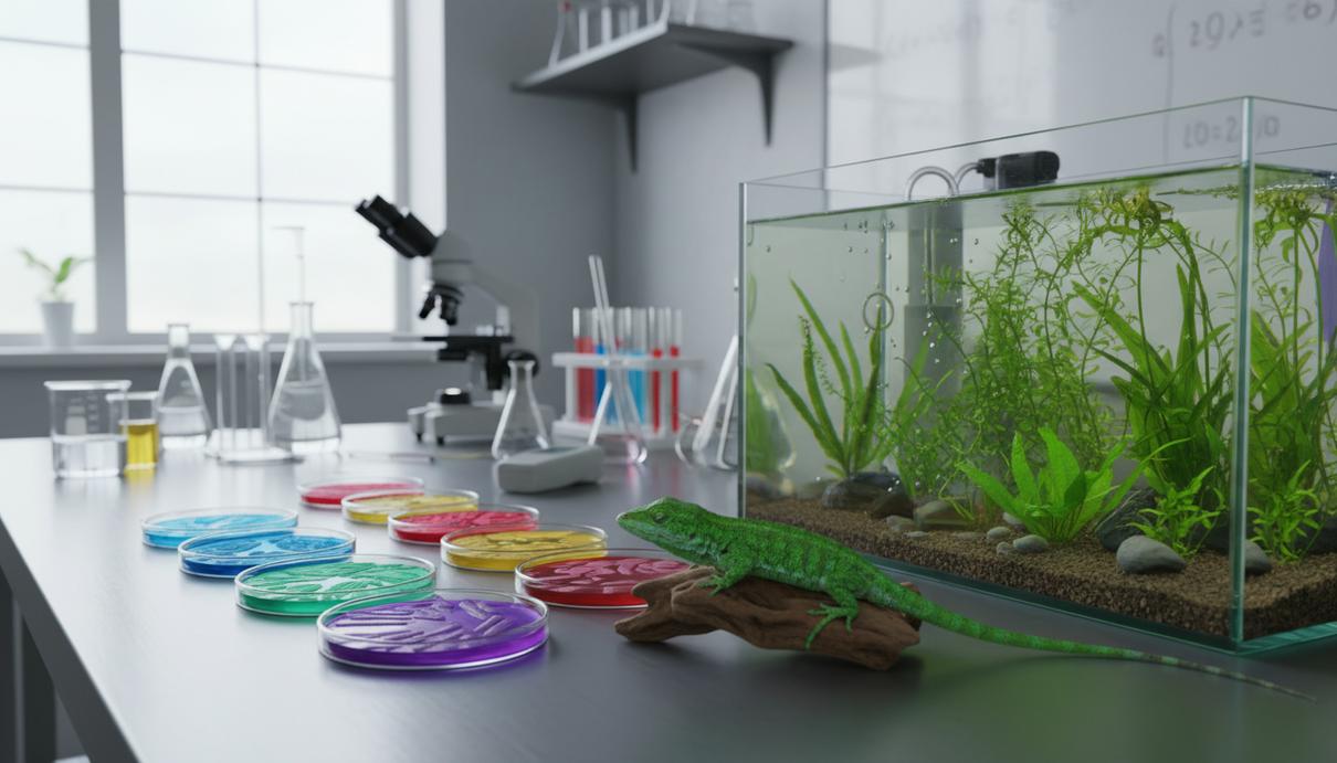 Лабораторный стол с чашками Петри, зеленая ветка с ящерицей и водные растения в стеклянном сосуде.