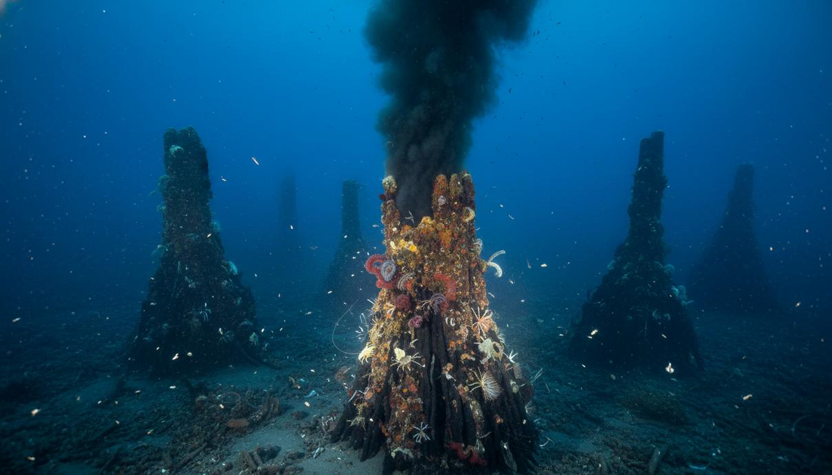 Гидротермальный источник на дне океана, выпускающий темные потоки минералов в толще воды.