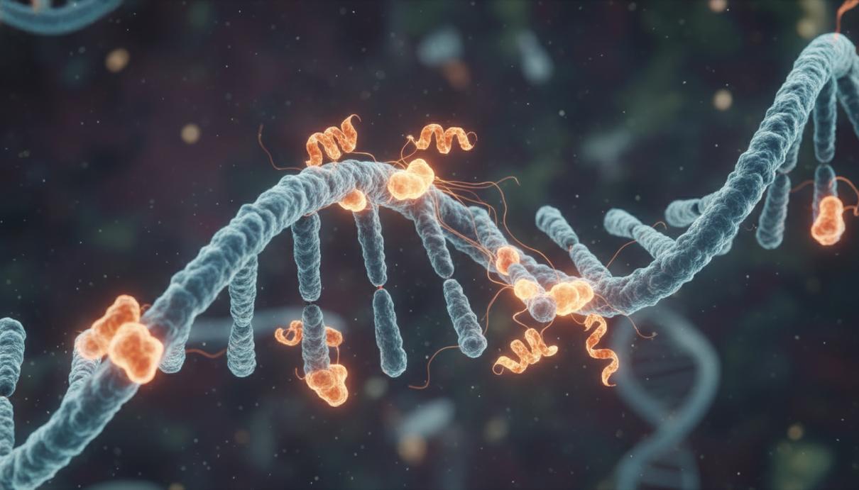 Микроскопическое изображение спирали ДНК и молекул белка в процессе восстановления генетического кода